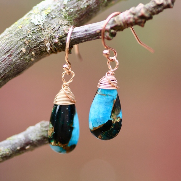 Natural Obsidian Copper Turquoise Earrings Handmade 14k Rose Gold Filled - Picture 9 of 12
